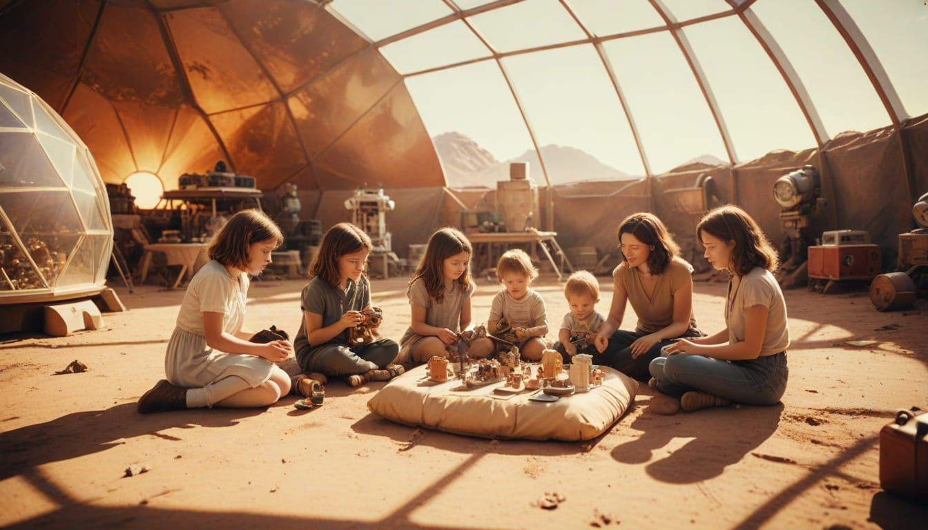 Mars Biodome Family Picnic in Golden Light
