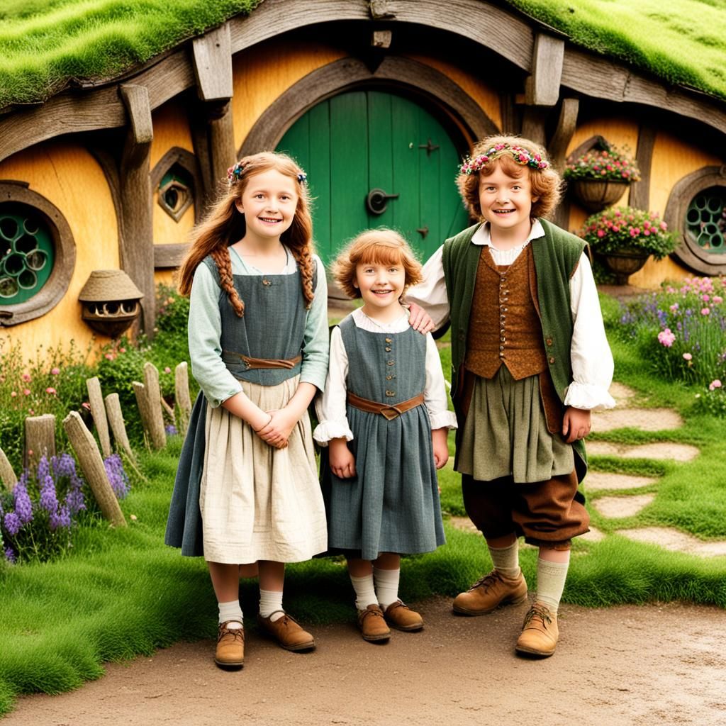 Rosie, little Elanor, and Samwise Gamgee in Hobbiton