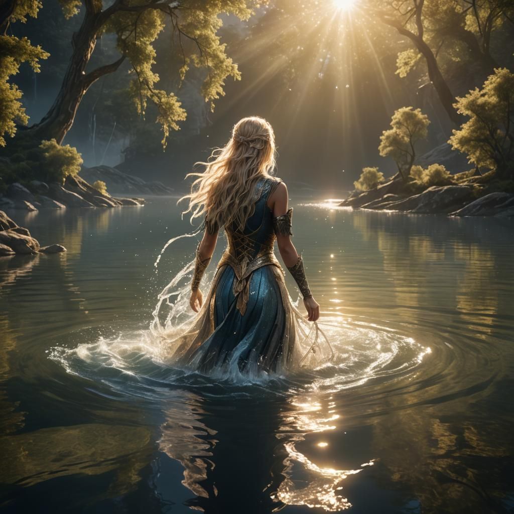 Water Nymph Entering Sparkling Lake in Fantasy Art