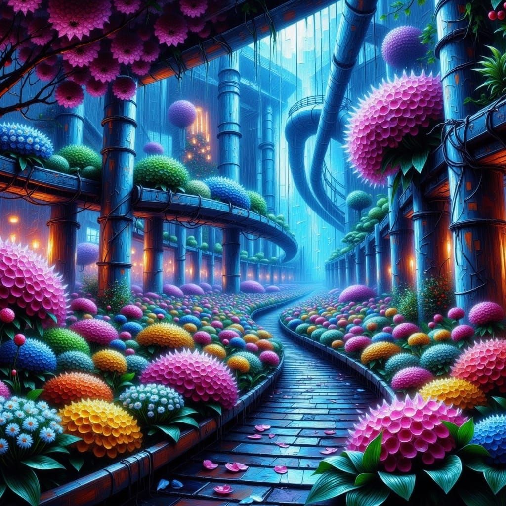 Cyberpunk Botanical Greenhouse in Neon Haze