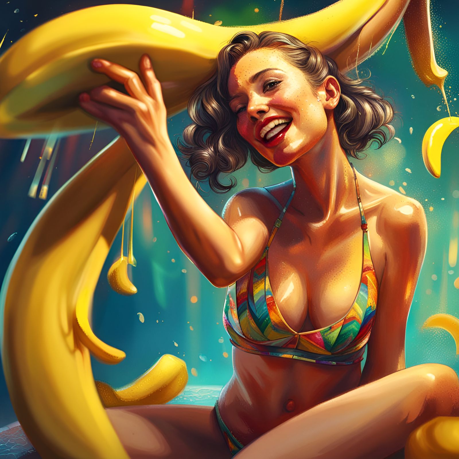 Hyperrealistic Contortionist Eats Banana in Splash Art Style