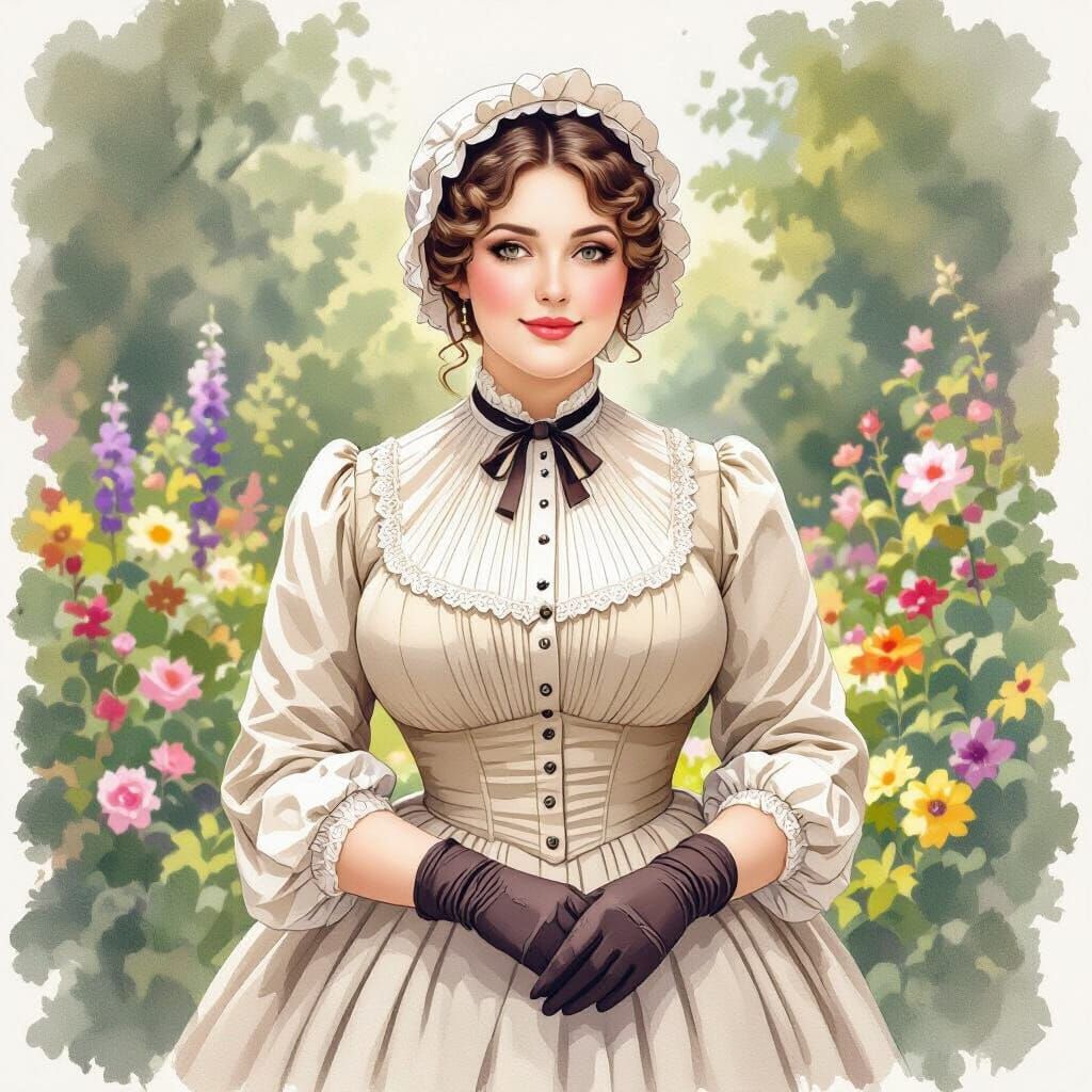 Victorian Woman in Botanic Garden, Watercolor Illustration