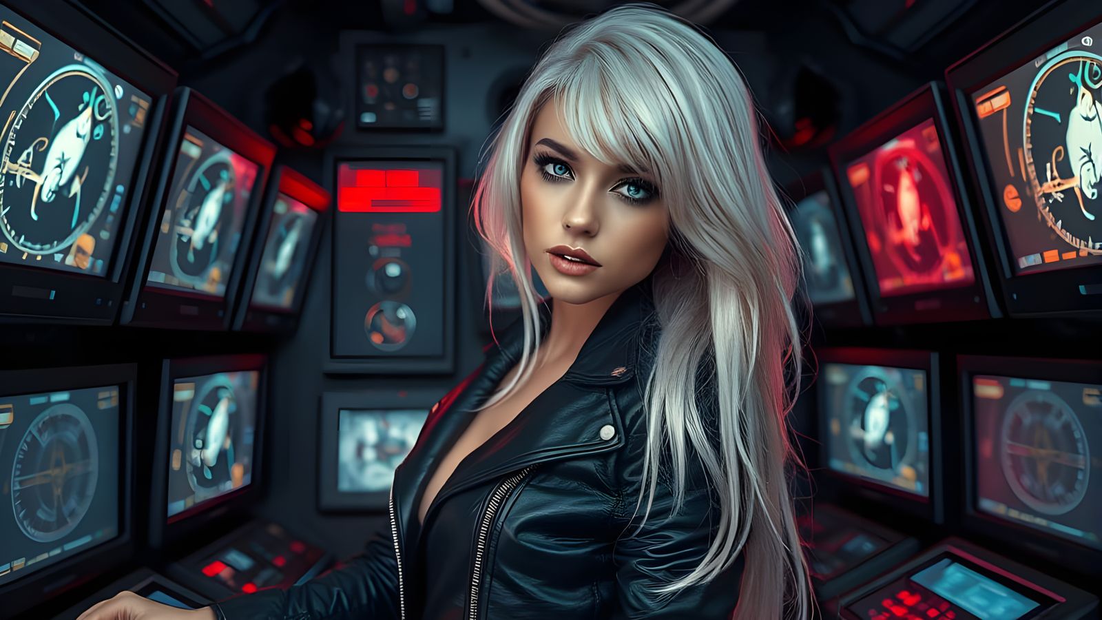 Cybernetic Woman with Monitors in Cinematic Style