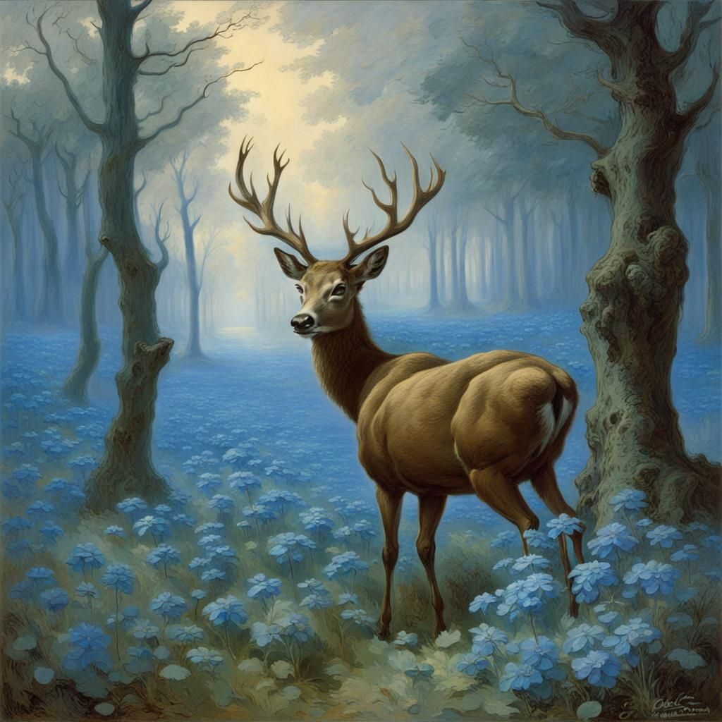 Eerie Blue Flower Meadow with Deer, Gothic Horror Style