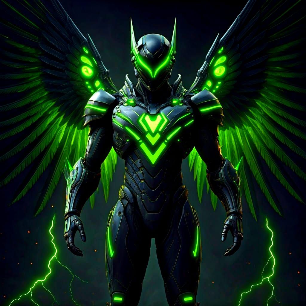 Cybernetic Superhero Swordsman with Green Lightning in 3D