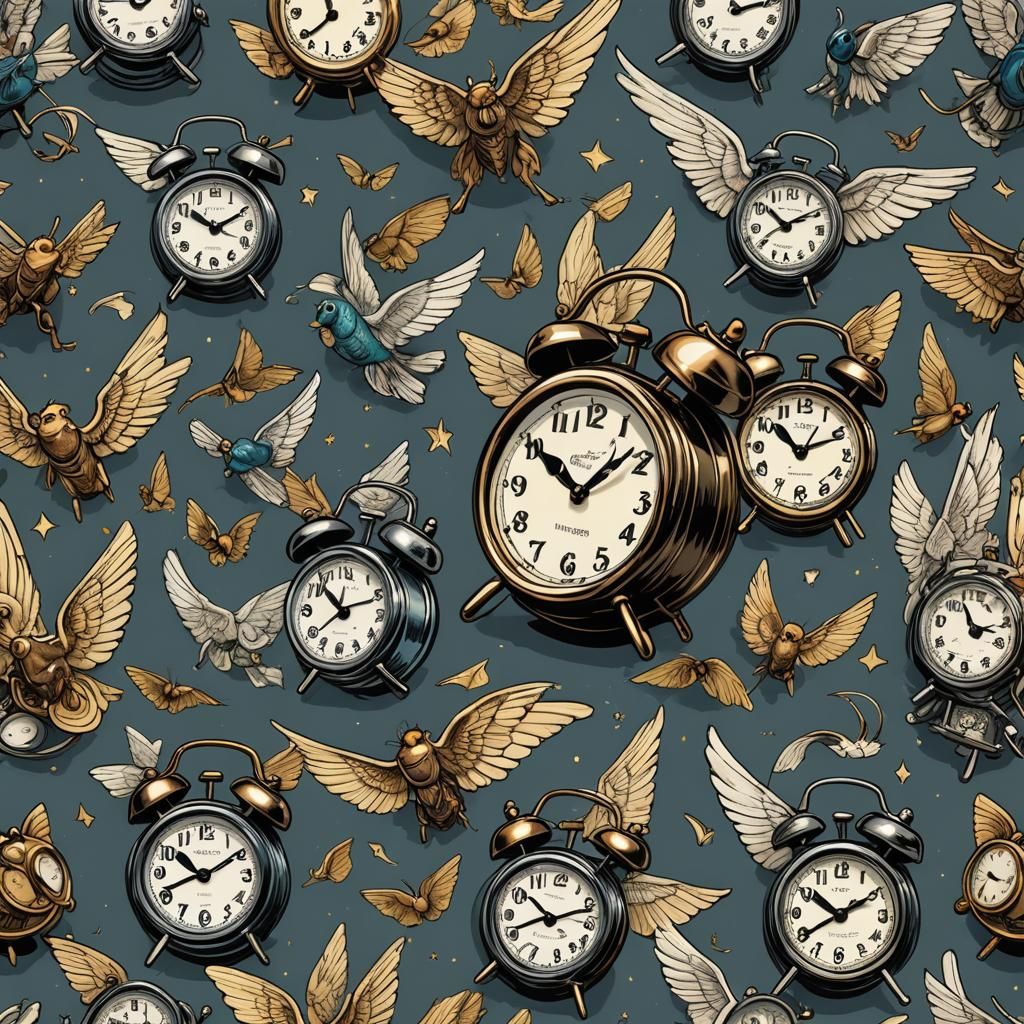 Flying Vintage Alarm Clocks in Comic Book Style