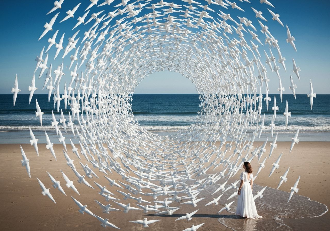 Surreal White Bird Vortex on Sandy Beach