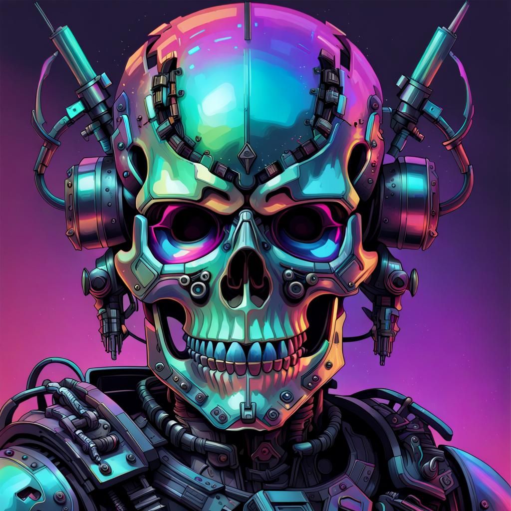 Cyberpunk Armored Skull in Iridescent Digital Art