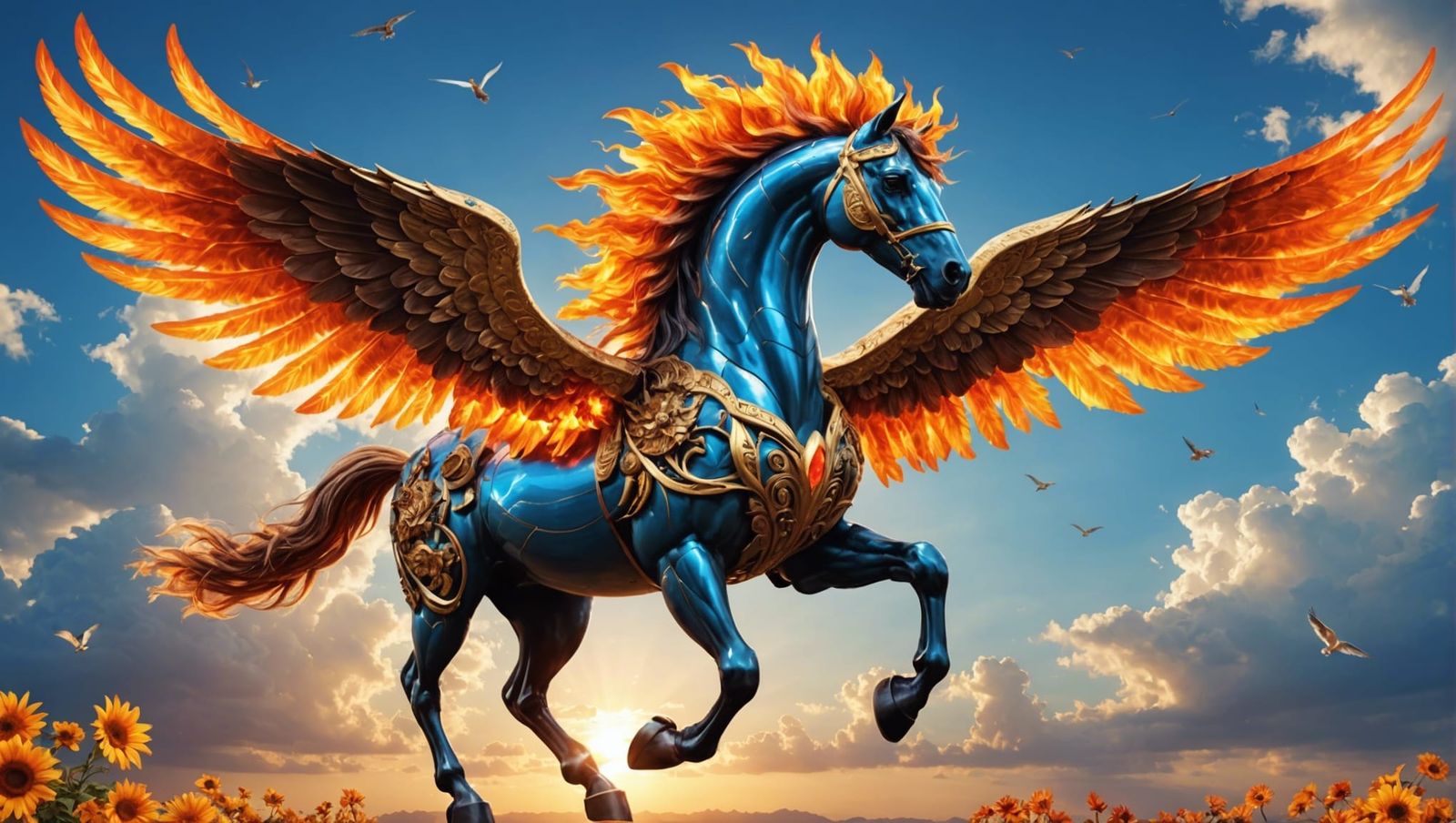 Fiery Bionic Pegasus Soaring Through Colorful Sky