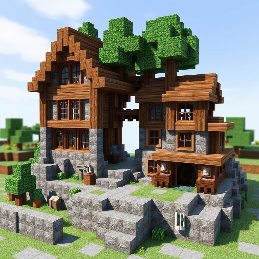 Minecraft Village Constructed from Stone and Oak