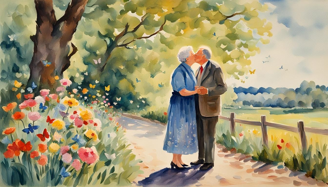 Elderly Couple's Kiss: Gouache Impressionist Painting