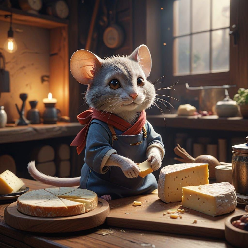 Mouse Enjoying Cheese with Sneaky Cat in Anime-Inspired Scen...