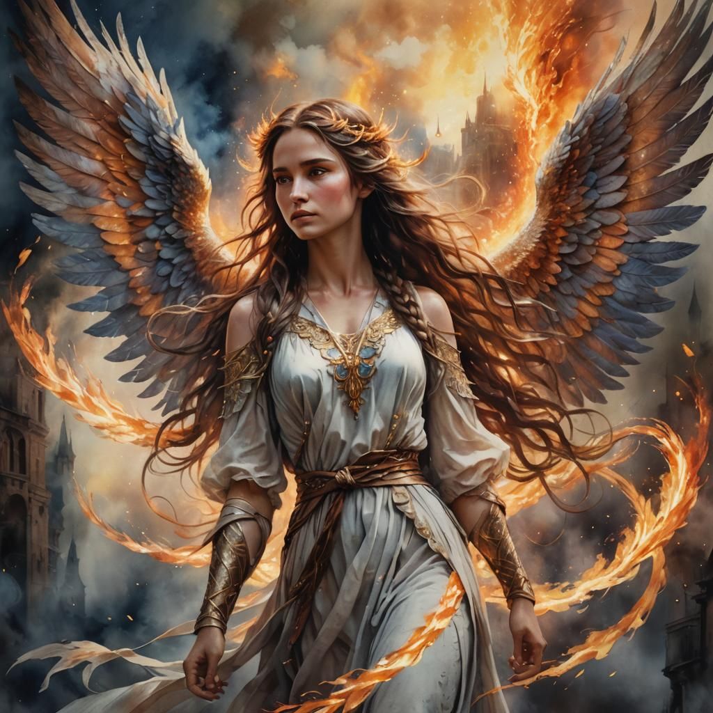 Fiery Angel with Braided Hair Watercolor