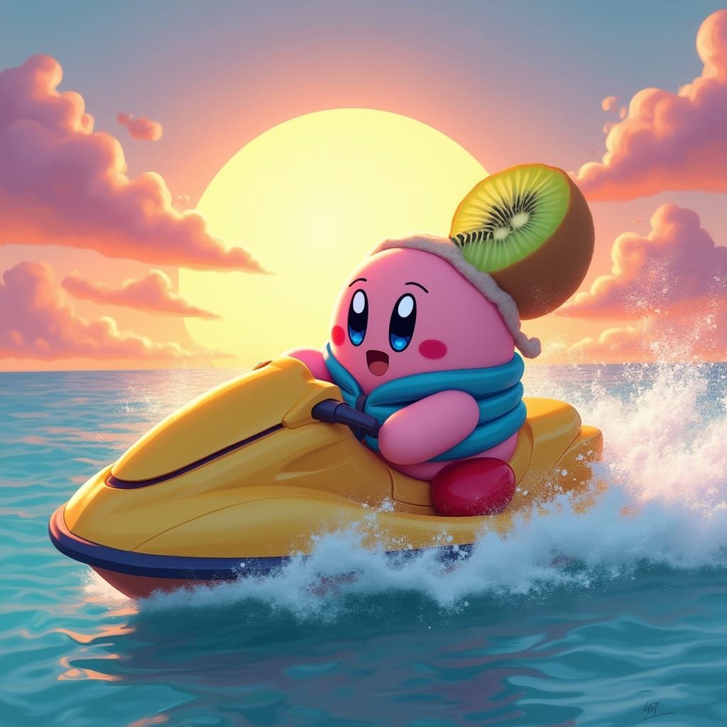 Kirby Speeds Across Ocean in Whimsical Sunset Scene