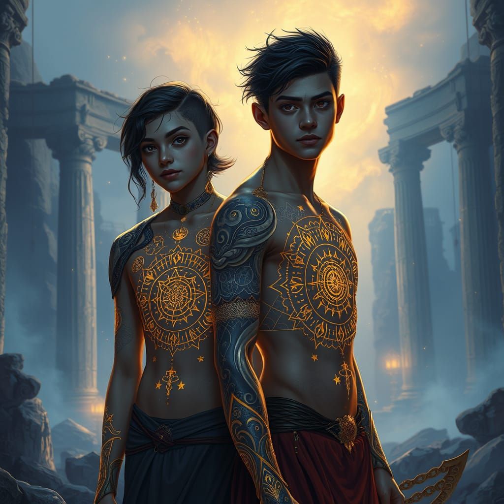 Celestial Tattoos: Boys in Ruins with Ethereal Mist