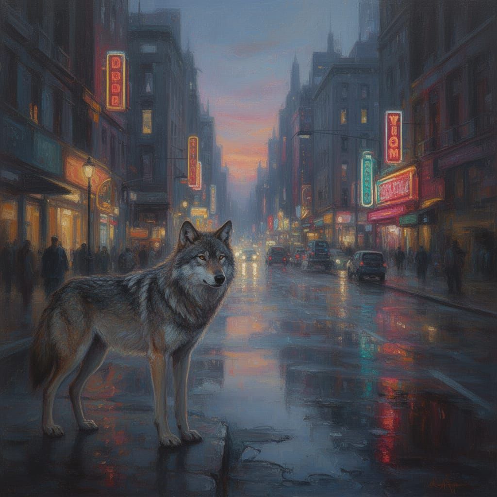 Impressionistic Wolf Gazes at Neon City Street at Twilight