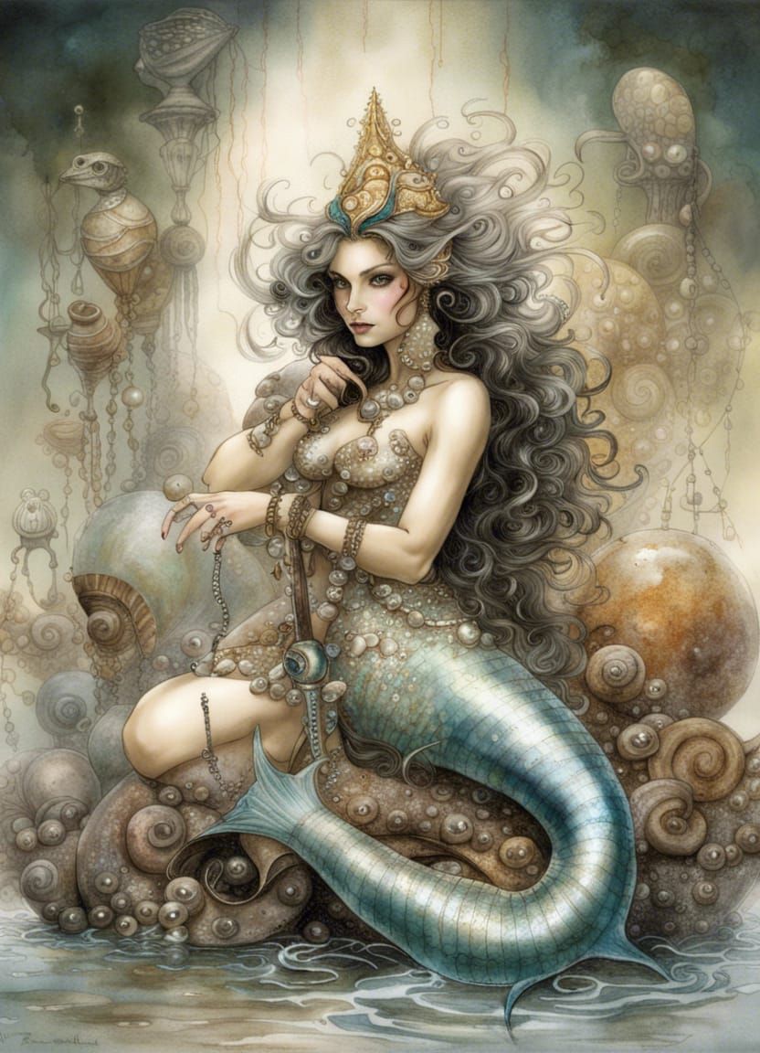 Mermaid with Glittering Pearls, Digital Watercolor Painting