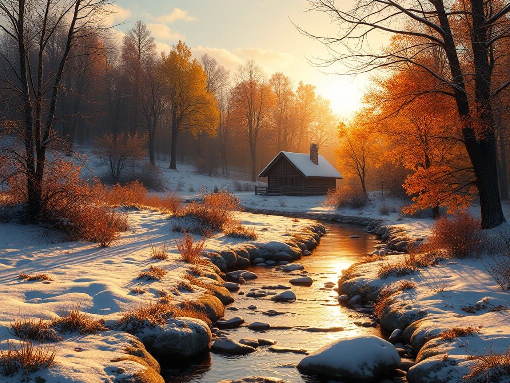 Autumn Serenity in Snowy Meadow, Sunrise and Rustic Cabin