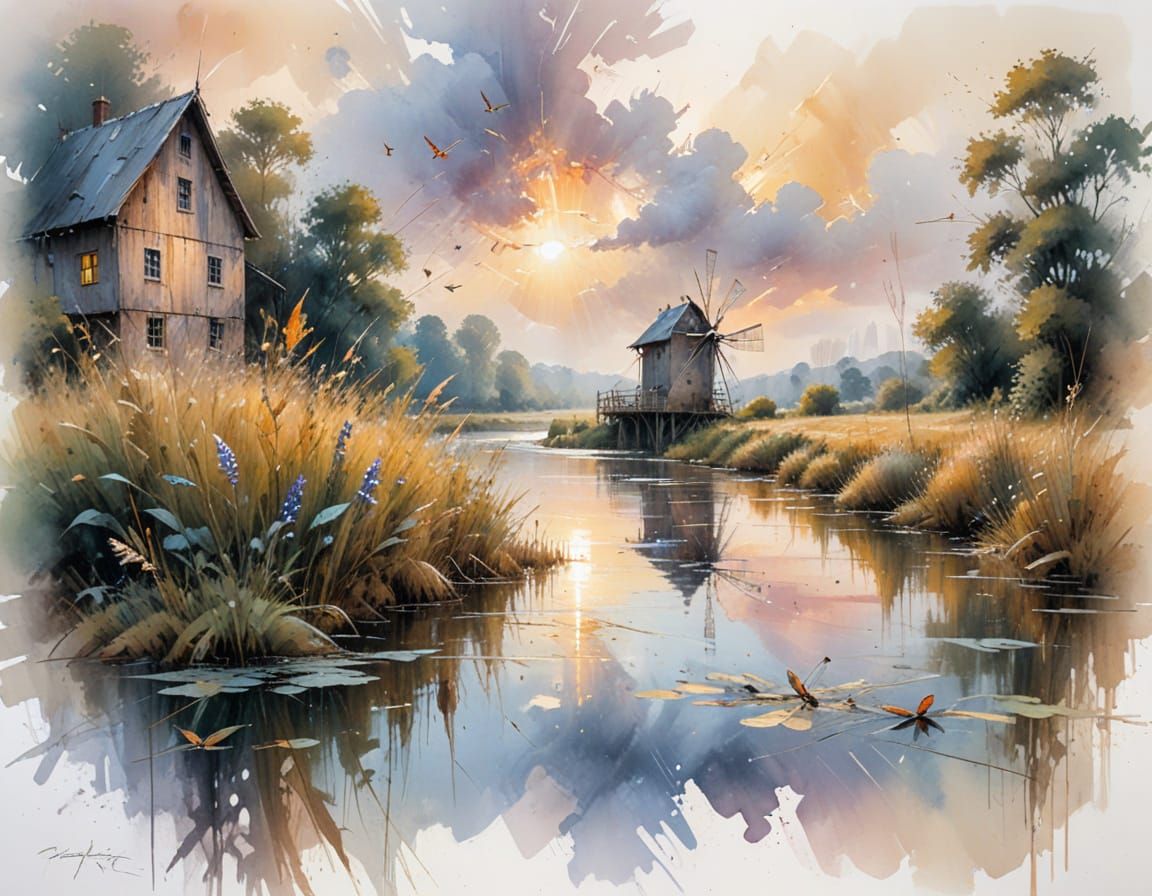 Tranquil Riverside Mill in Golden Hour Light