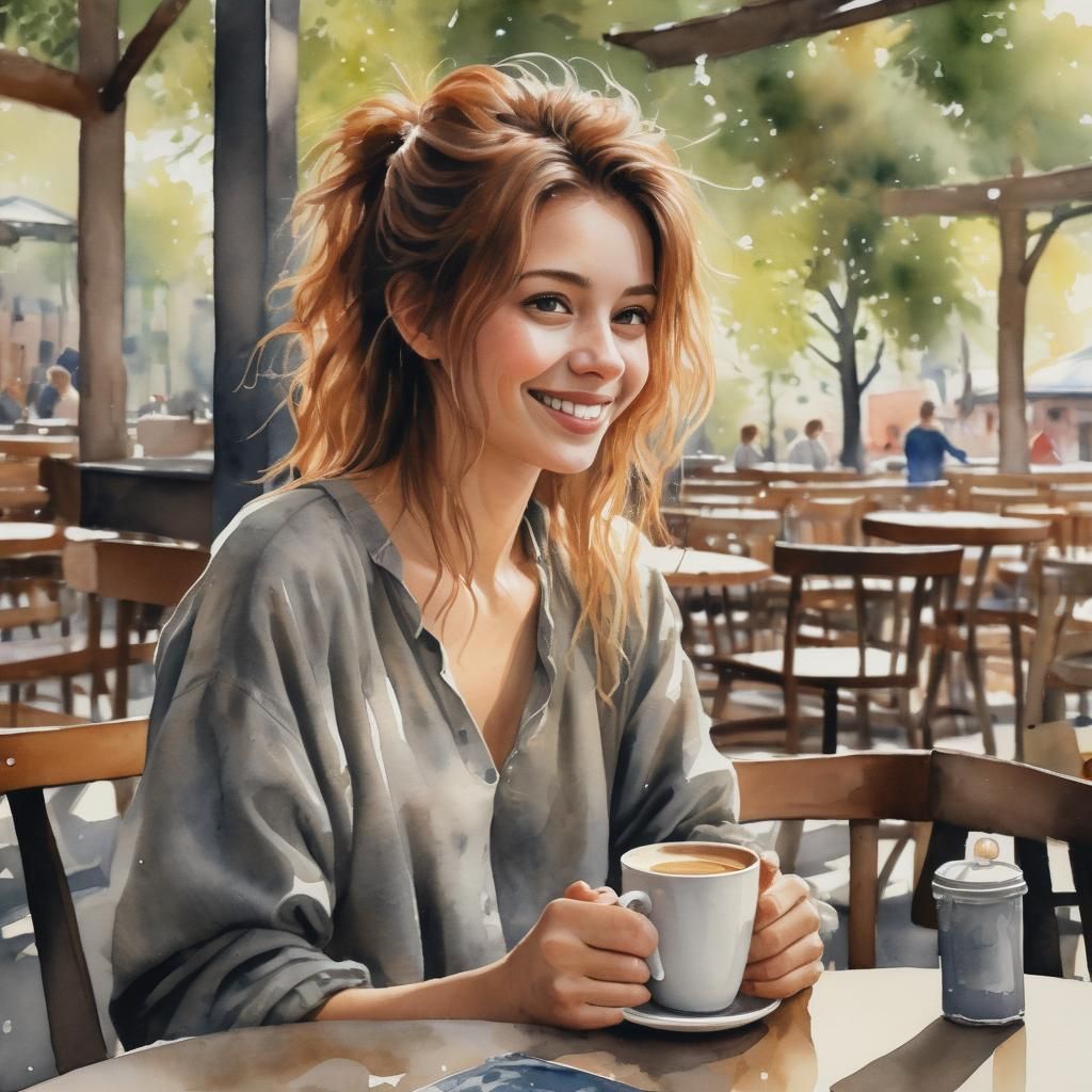 Woman at Cafe: Simple Watercolor Painting
