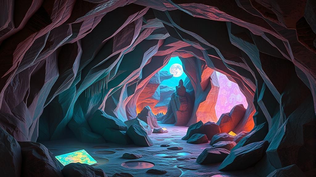 Surreal Cubist Dreamscape: Opalescent Escher Cave