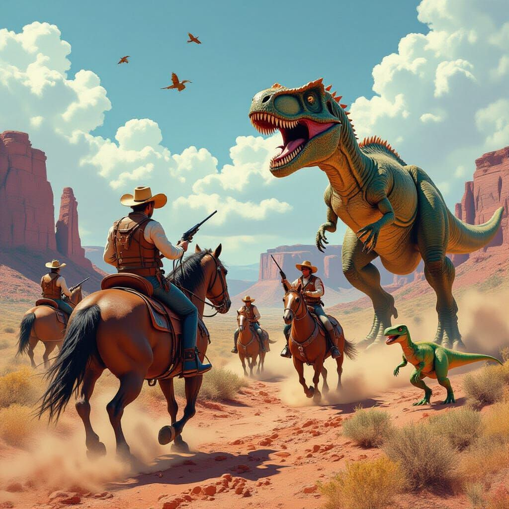 Cowboys Battle Dinosaurs in Epic Matte Painting