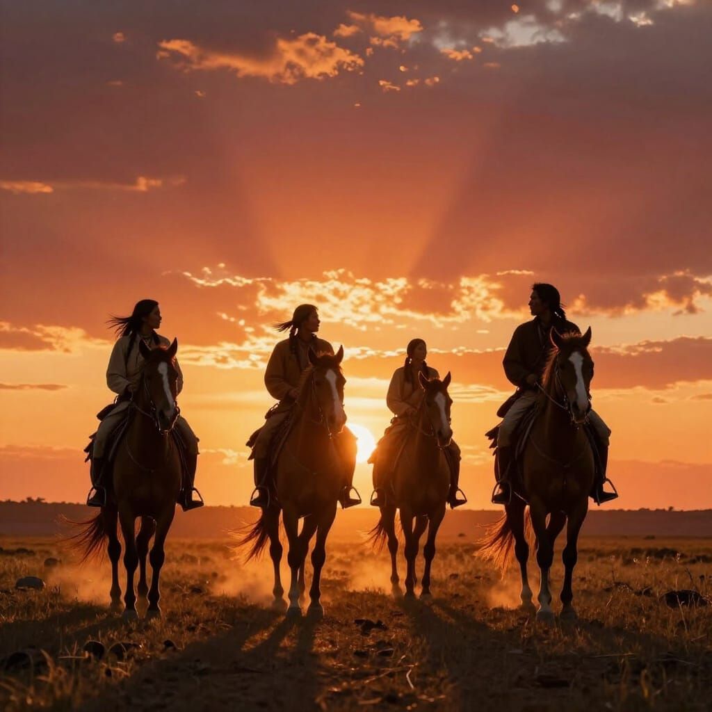 Native Americans on Horseback at Fiery Sunset