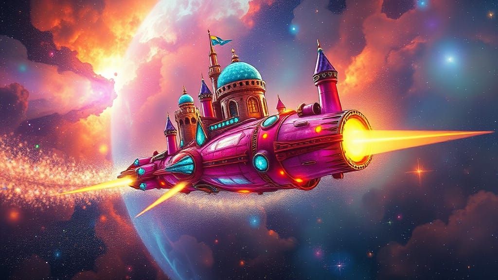 Luminescent Starship with Iridescent Gemstones and Diamonds