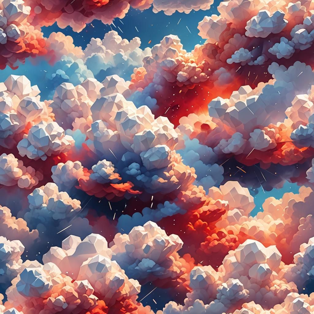 Whimsical Low-Poly Clouds Raining Joyful Sparks