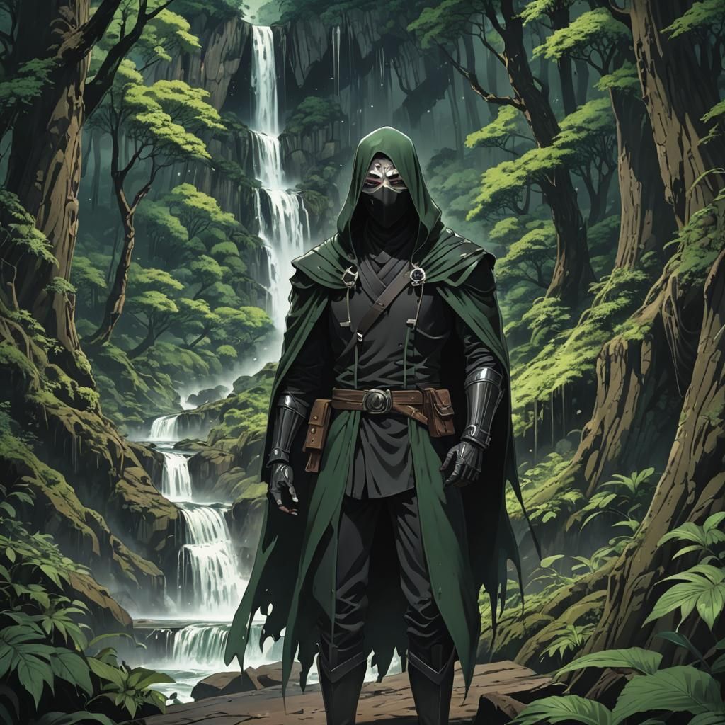 Anime Villain in Dark Forest with Waterfall