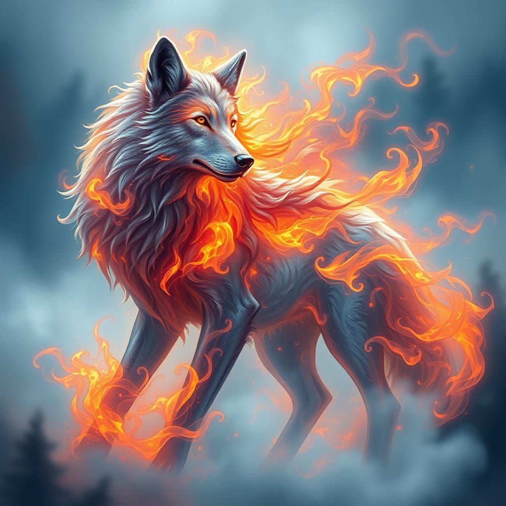 Ethereal Wolf in Misty Fantasy Landscape