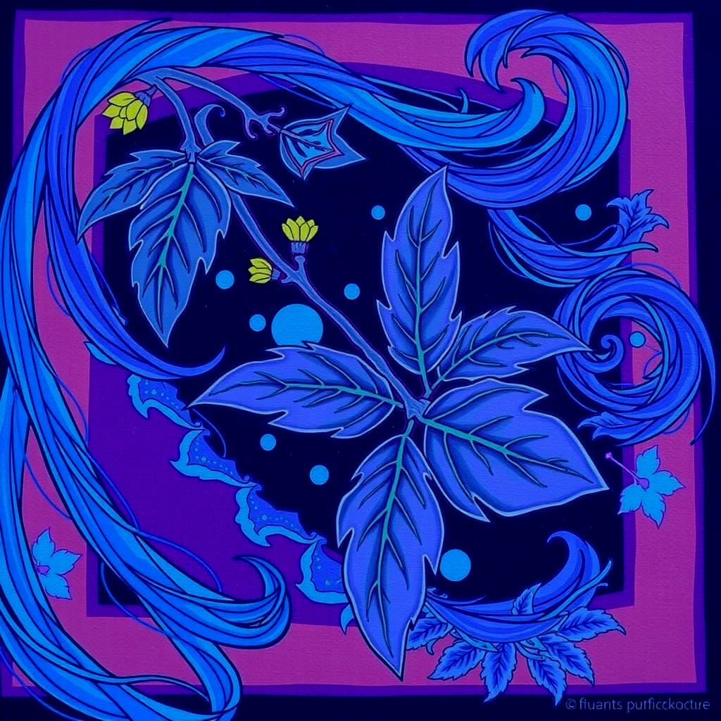 Woman with Teal Hair Amidst Green Leaves and Blue Sky