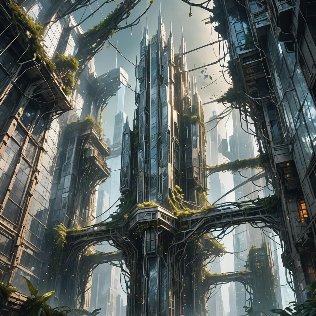 Dystopian Cyberpunk Ruins: Drone Pathways in Stained Glass