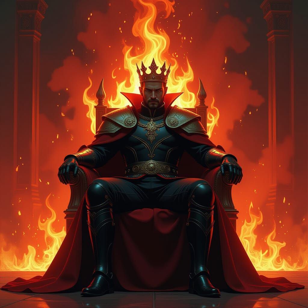 Fiery King in a Dark Sci-Fi Landscape