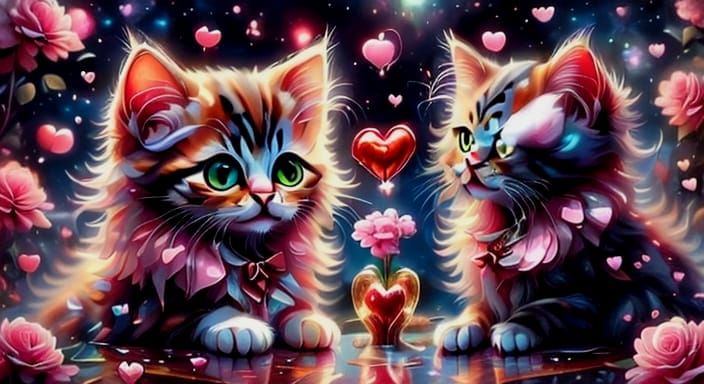 Romantic Valentine's Day Cats in a Starry Night Scene