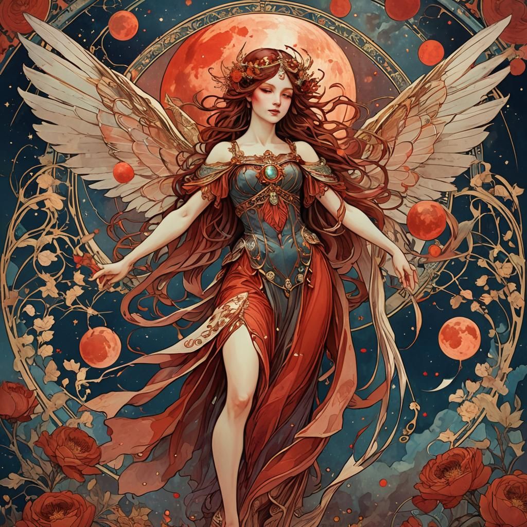 Blood Moon Fairy in Alphonse Mucha Style