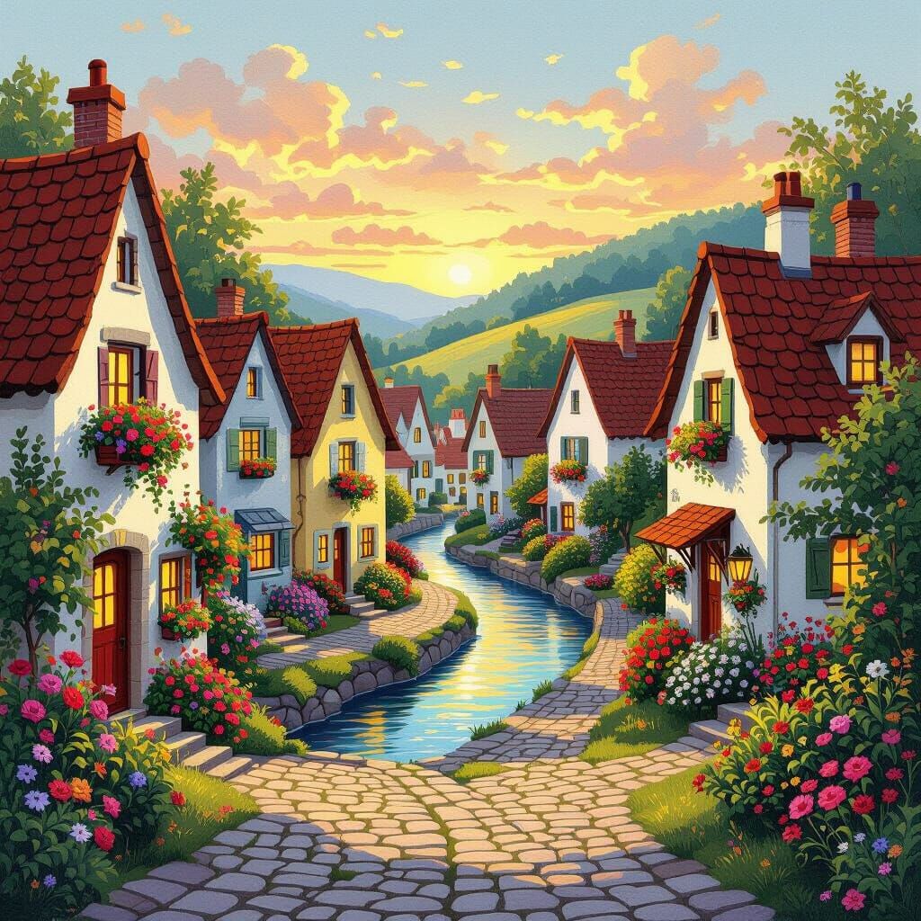Charming Village Illustration in Folk Art Style