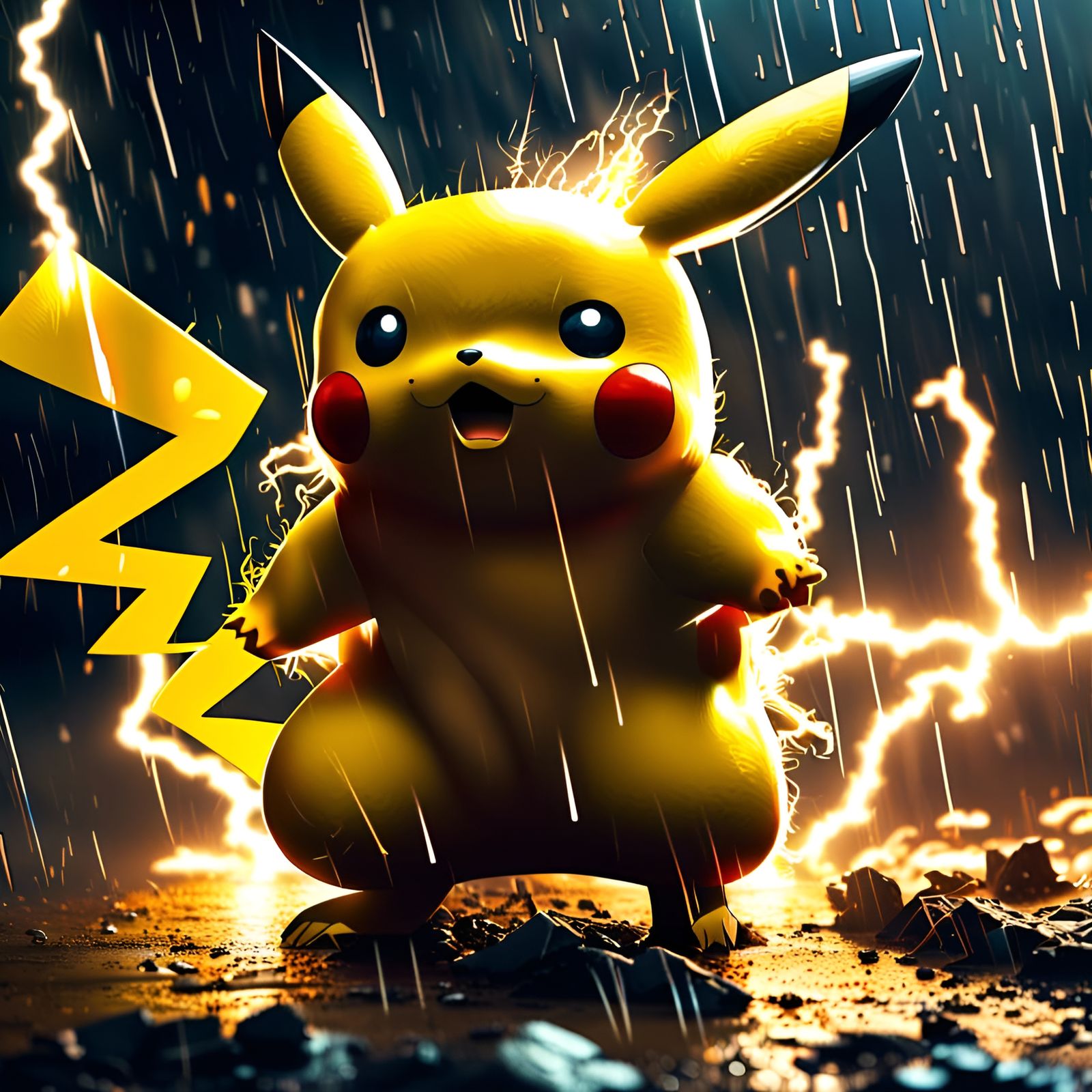Hyperrealistic Pikachu in Lightning Storm Battle