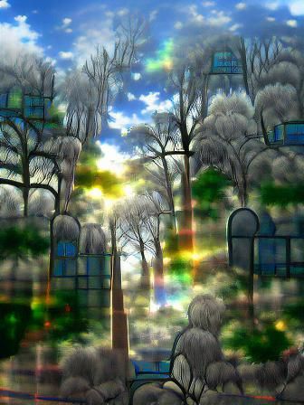 Ethereal Forest Scene with Stained Glass Sky