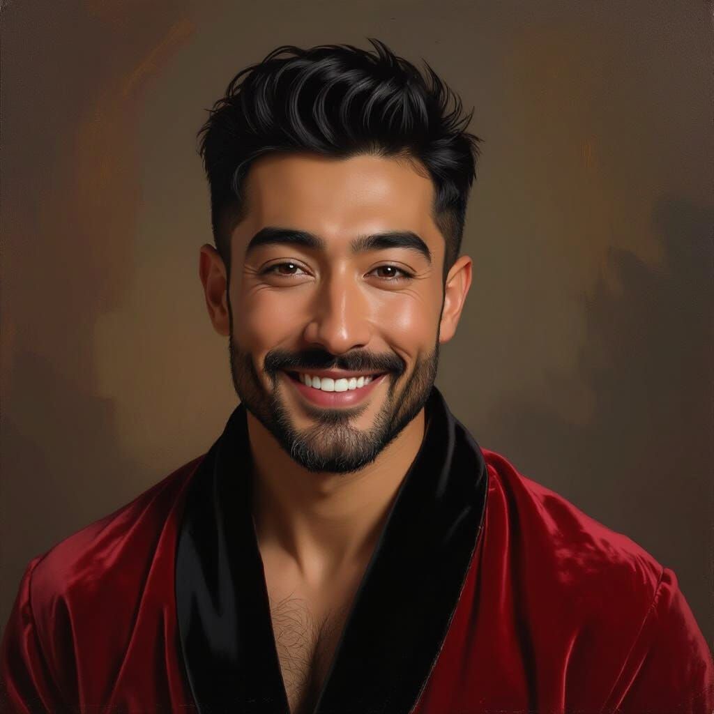 Joyous Man in Velvet Robe Impasto Portrait