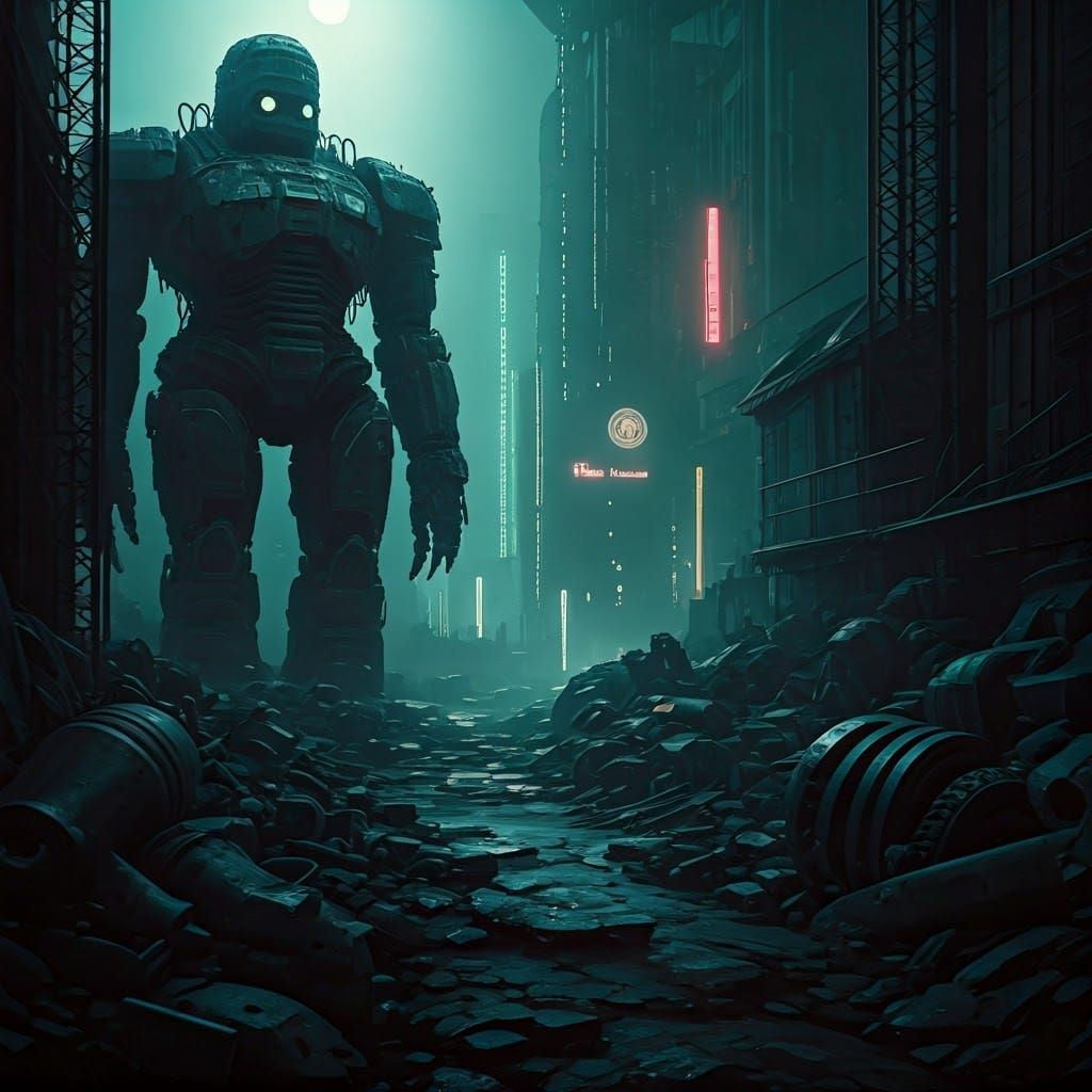 Cyberpunk Robot in Dystopian Scrapyard