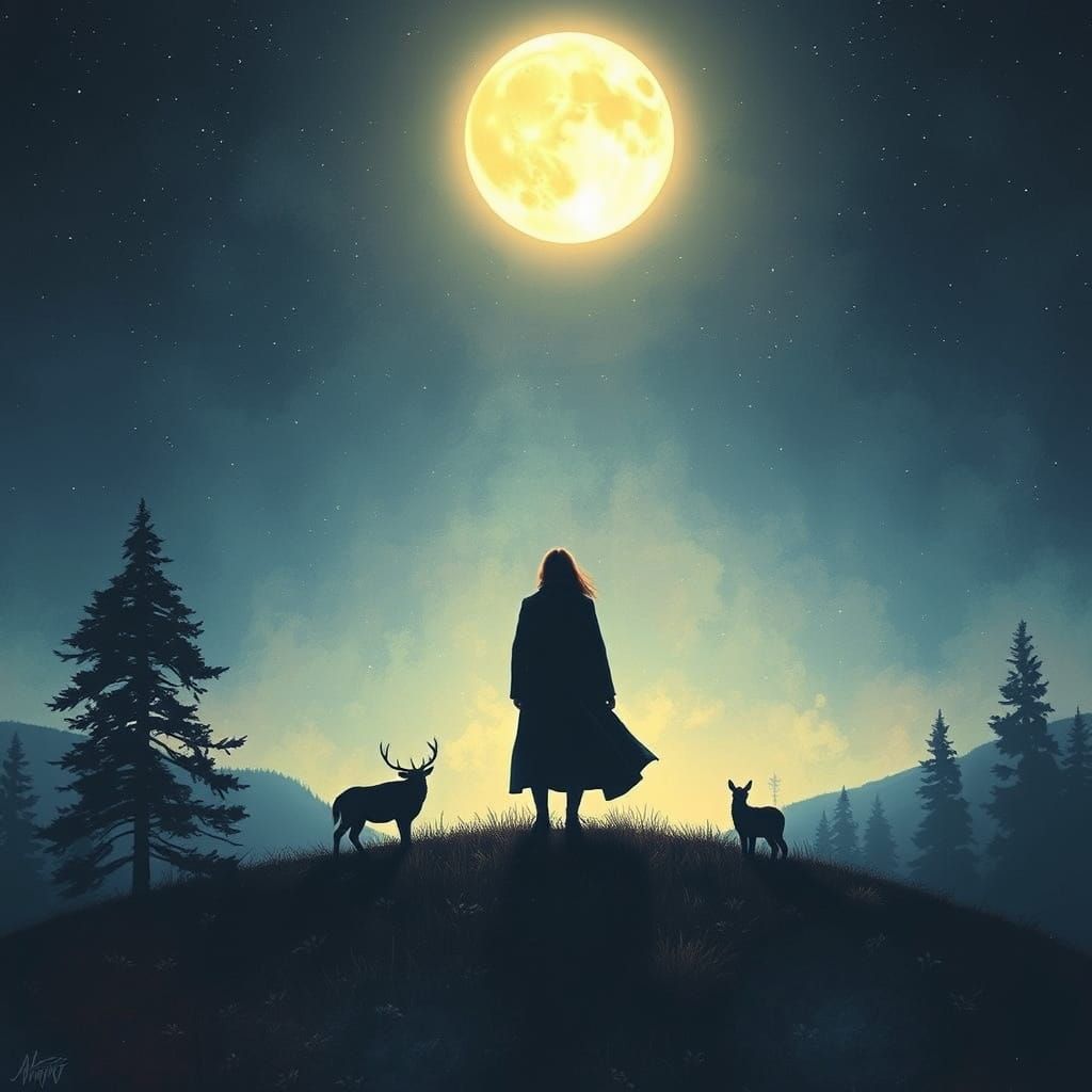 Moonlit Silhouette: Figure on a Hill