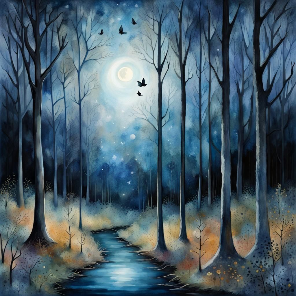 Blue Forest Moonscape in Watercolor Art Brut Style