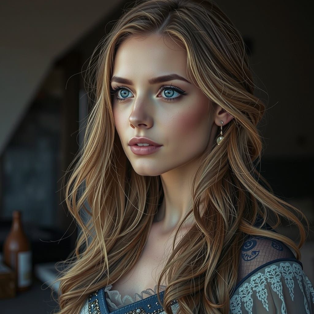 Serene Woman Reminiscing, Ornate Art Nouveau Style