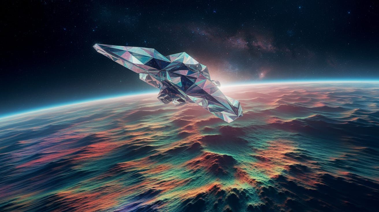 Crystalline Spaceship Soaring Through Space: Oil Painting