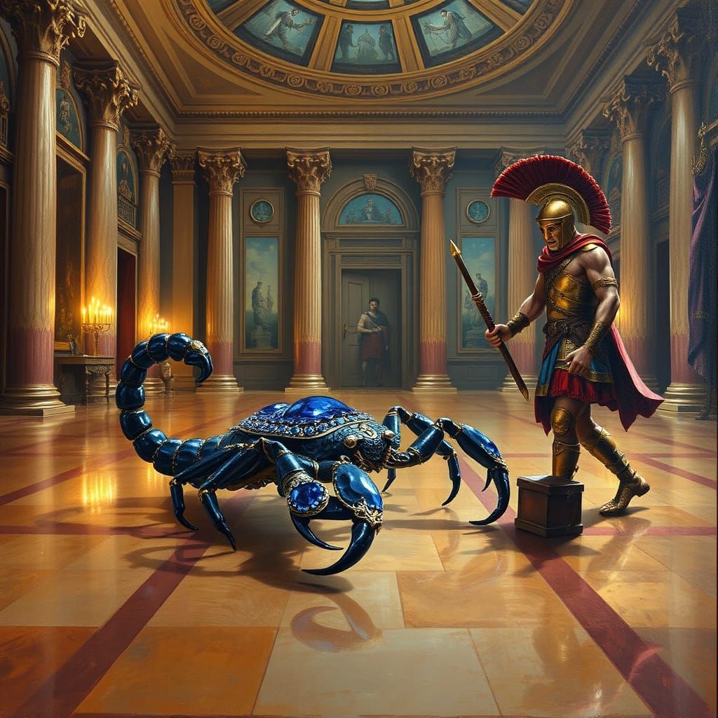 Bejeweled Scorpion Confronts Spartan in Folk Art Style