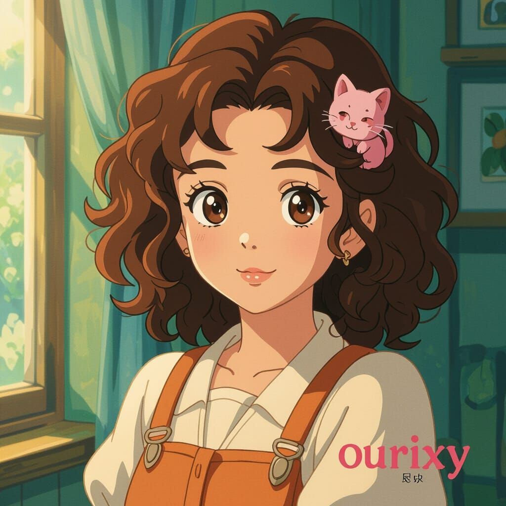Animated Girl with Kitten Pin in Studio Ghibli Style