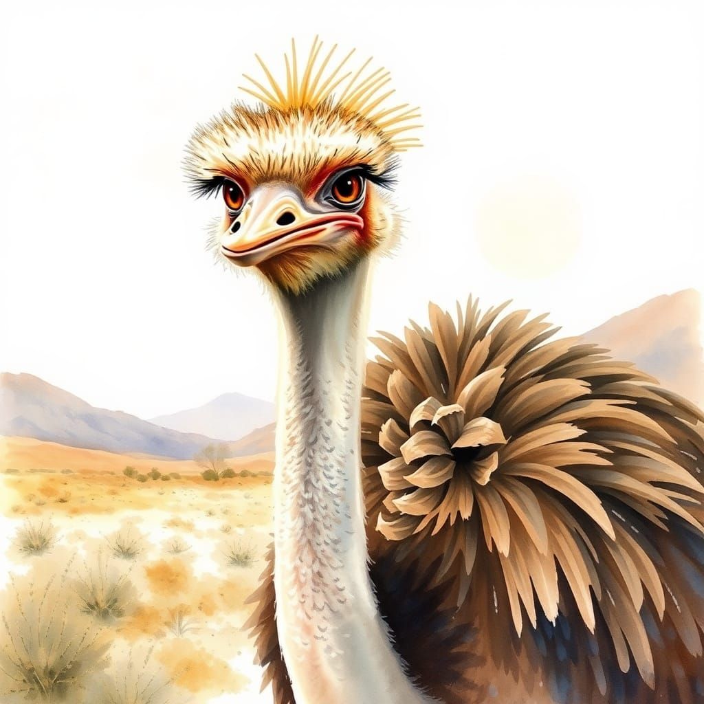 Majestic Ostrich in Watercolour Style, Great Karoo