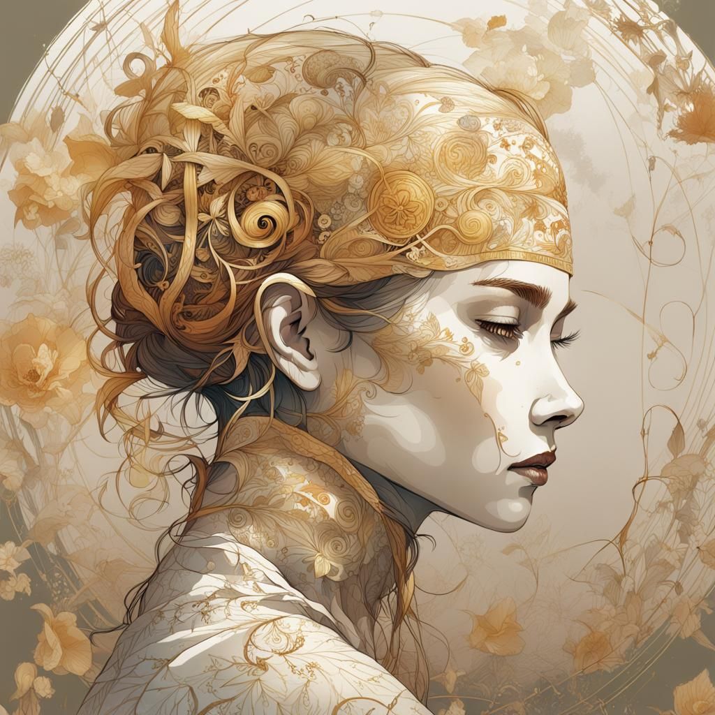 Elegant Woman with Golden Outlines Digital Art