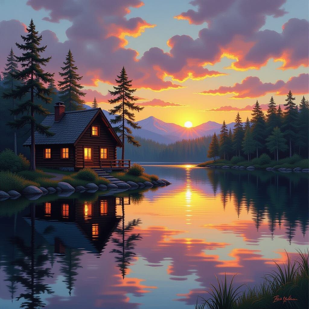 Hyperrealistic Oil Painting of Cozy Cabin at Sunrise